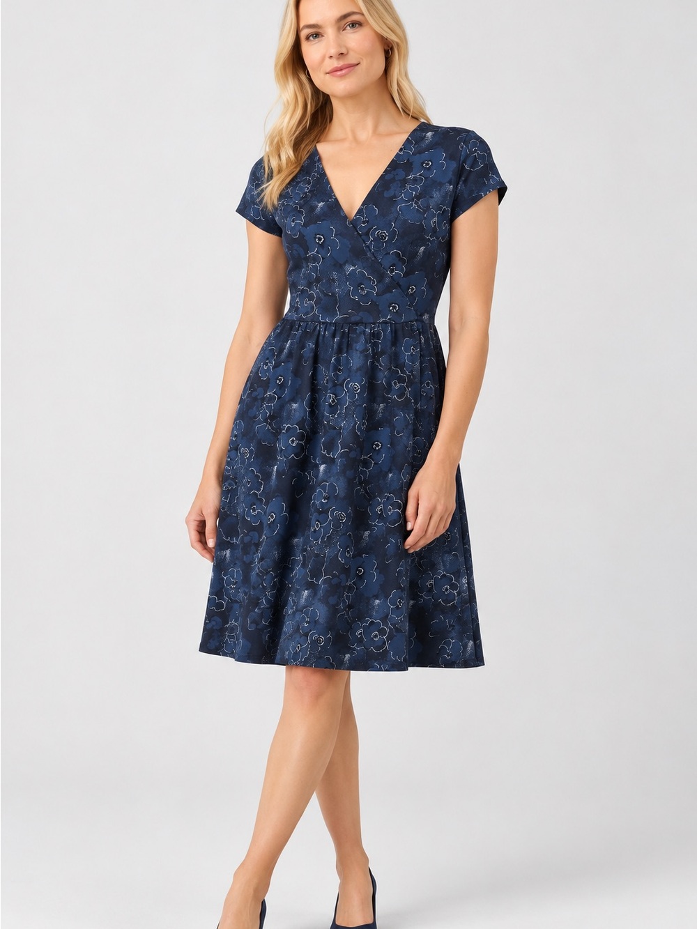 Pact Navy Blue Solstice Floral Fit & Flare Crossover Dress Women’s Small Comfort
